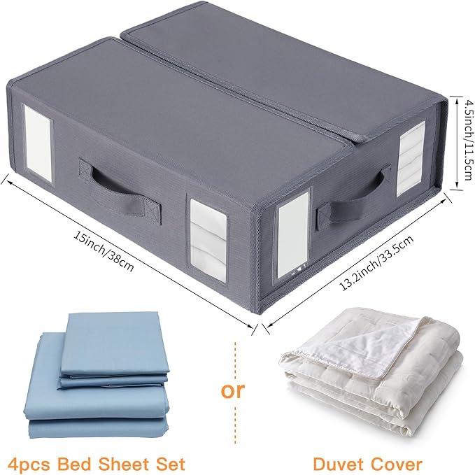 combocube 4 Pack Foldable Bed Sheet Storage Organizer Box for Linen Closet, with Window and Label, King or Queen Size Bedding Storage Boxes, Space Saving Container with Zip for Sheets, Covers, Clothes