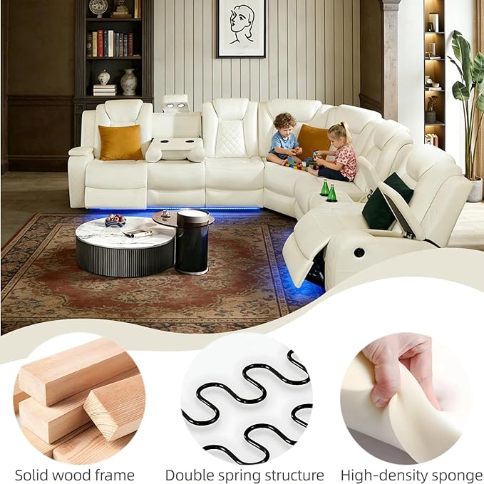 Power Reclining Sectional Sofa with LED, Leather Recliner Couch for Living Room/Home Theater, Sectional Reclining Couches with Wireless Charging/Hide-Away Storage