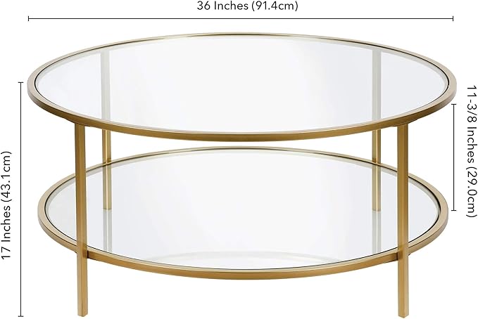 Henn&Hart 36" Wide Round Coffee Table with Glass Top in Brass, Round Coffee Table for living room, studio apartment essentials