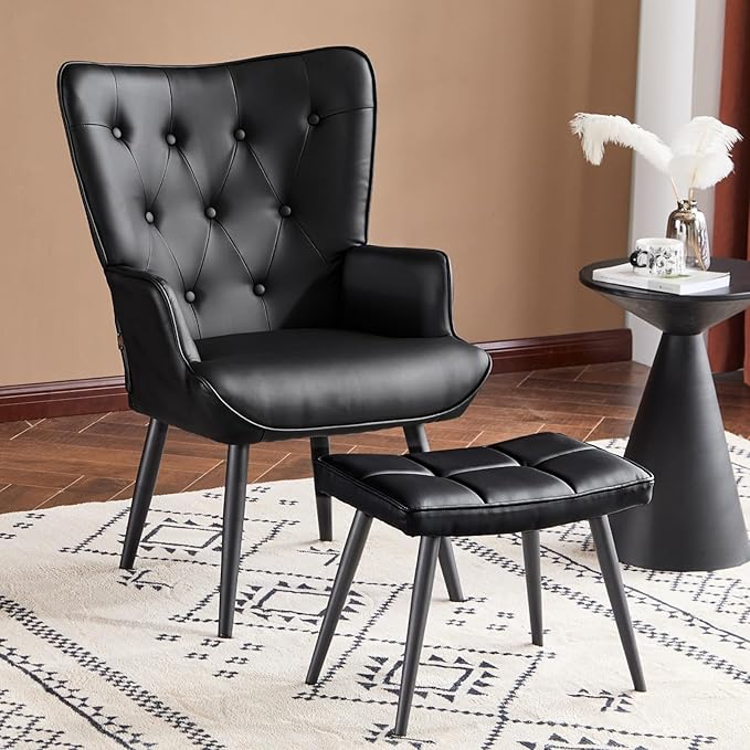 Furniliving PU Leather Accent Chair with Ottoman, Upholstered Reading Chair with High Backrest, Tufted-Button Wingback Armchair for Bedroom, Dressing Room, Home Office, Black