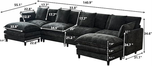 Eafurn 141" Oversized Modular Sectional Sofa with Movable Ottoman, 6 Seater Modern Chenille Reversible Sofa Set, Large Convertible U Shaped Couch for Living Room Apartment