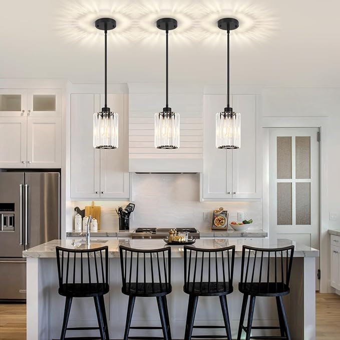 3 Pack Black Pendant Light, Modern Crystal Pendant Lights Kitchen Island Lighting, Hanging Light Fixtures Mini Chandelier Pendant Lights for Island Dining Room Hallway Bedroom