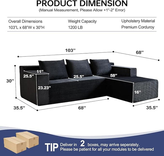 HonTop 103” L-Shaped Modular Sectional Sofa with Chaise, Boneless Comfy Corduroy Fluffy Couch with Deep Seat, Flexible Module Combination for Living Room, No Assembly, Black Right | Friendly Size, Flexible Modular, Family Pet-Friendly, Soft Corduroy, S...
