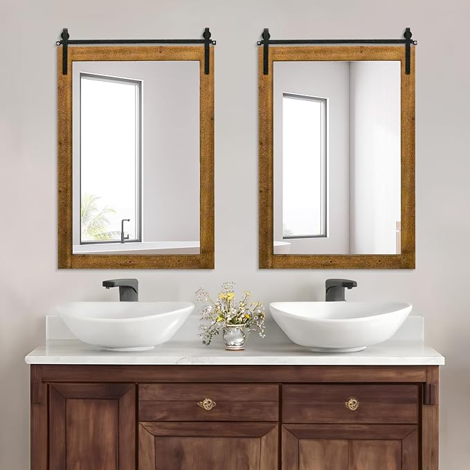 Farmhouse Barn Door Mirror, 25" x 38" Rustic Bathroom Mirror, Wood Framed Wall Mirrors, Rectangular Decor Mirrors for Living Room, Bedroom, Entryway, Brown