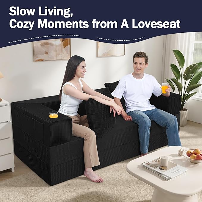 COMAX Boneless Couch, Futon Sofa Bed Couches Versatile Queen for Living Room, 79" 4 in 1 Convertible Sleeper Corduroy Couch Foam in a Box, Foldable Fold Out Floor Mattress No Assembly Required, Black