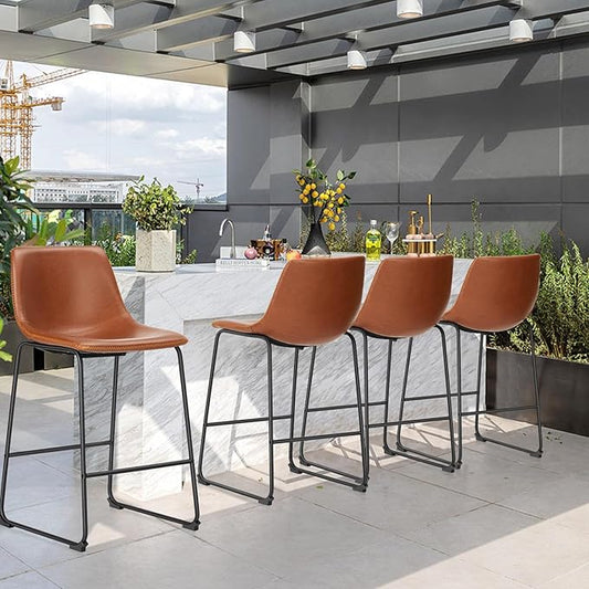 NEWBULIG 26 Inch Counter Height Bar Stools Set of 4, Armless Bar Height Stools, Faux Leather Barstools with Back, Kitchen Island Chairs, Comfortable Modern Chairs with Metal Legs, Classic Brown