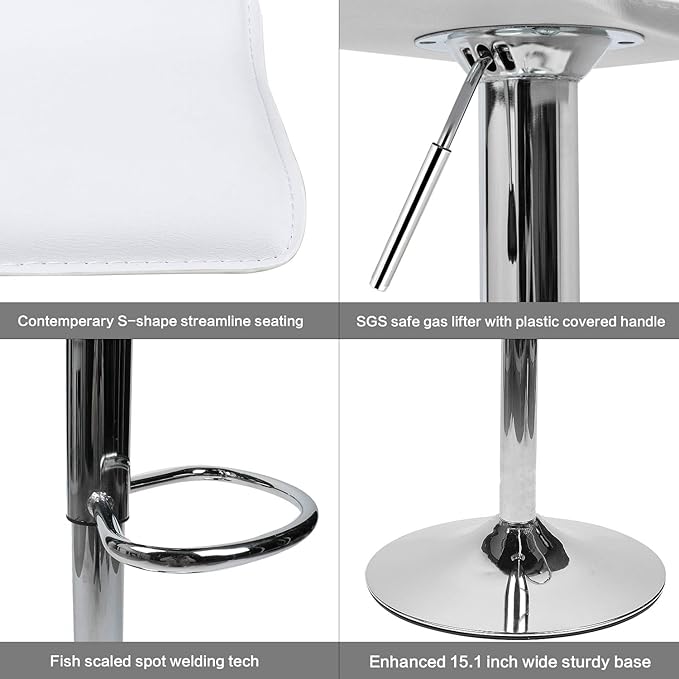 Set of 2 Barstool, Adjustable Swivel Bar Stools with PU Leather and Chrome Base, Gaslift Pub Counter Chairs, White
