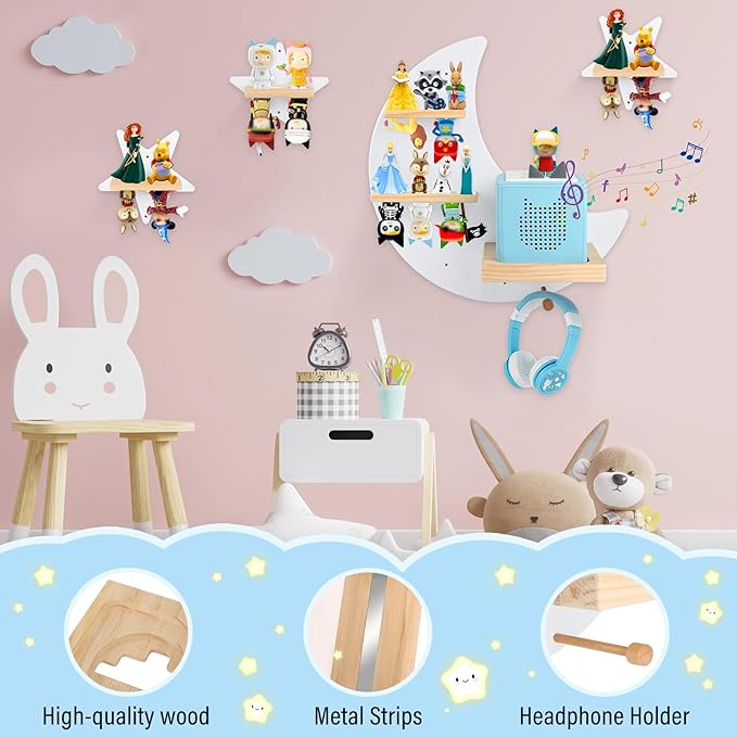 Moon + Stars for Toniebox 1/2 Tonies Figures Organizer Storage Shelf Wall Mounted, Magnetic Floating Shelves for Toniebox Player, Characters, Earphones, Display Collection 20~30 Characters (White)