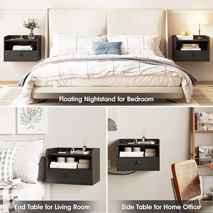 Floating Nightstand Set of 2 Modern Night Stands with Drawer and Open Shelf Cubby Small Bedside End Table with Charging Station Wall Mounted Nightstands Set 2 for Bedroom Black