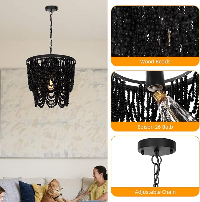 Boho Beaded Chandelier 15" Wood Bead Semi Flush Mounted Pendant Light Black Height Adjustable, 2 Tiers, Antique Rustic, for Living Room, Bedroom, Kitchen, Hallway, Passway