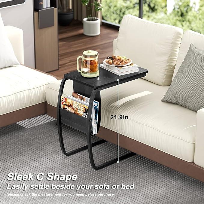 SRIWATANA Side End Tables Living Room, Vintage C-Shaped Laptop Table for Couch, Snack Table with Side Pocket, Black