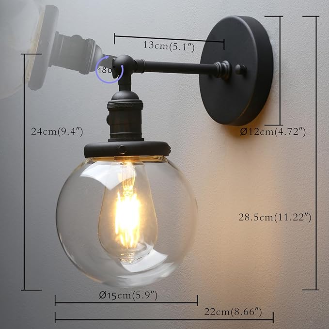 PERMO Vintage Industrial Wall Sconce Lighting Fixture with 5.9" Round Clear Glass Globe Hand Blown Shade (Black)