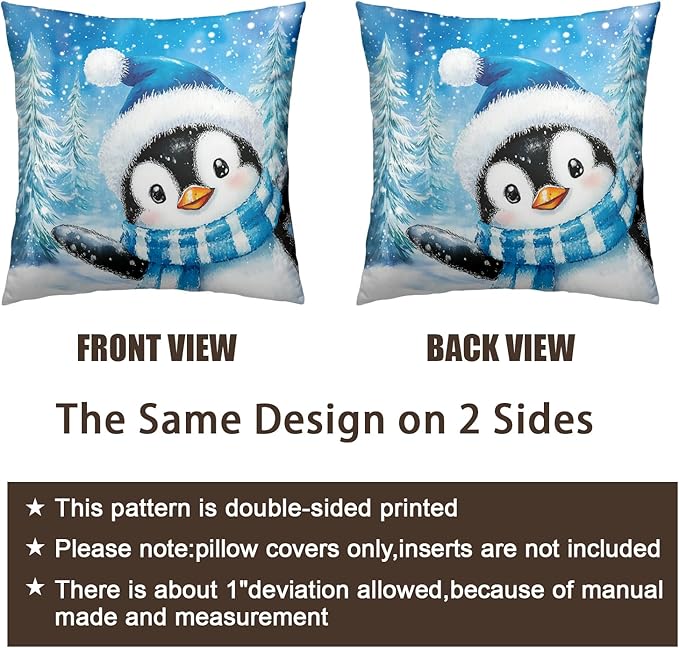 Winter Penguin Pillow Cover 24x24 Set of 2 Blue Christmas Throw Pillow Covers Lovely Penguins Snowman Pine Tree Pillow Case Winter Cotton Cushion Cases for Sofa Chair Patio Bed Couch