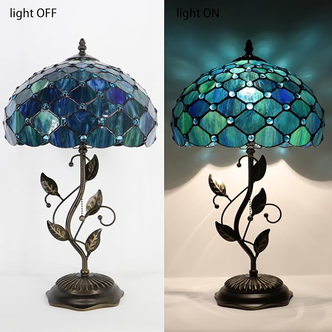 Tiffany Table Lamp, Stained Glass Desk Light, W12H19 Inch, Metal Leaf Base (Sea Blue Pearl Style)