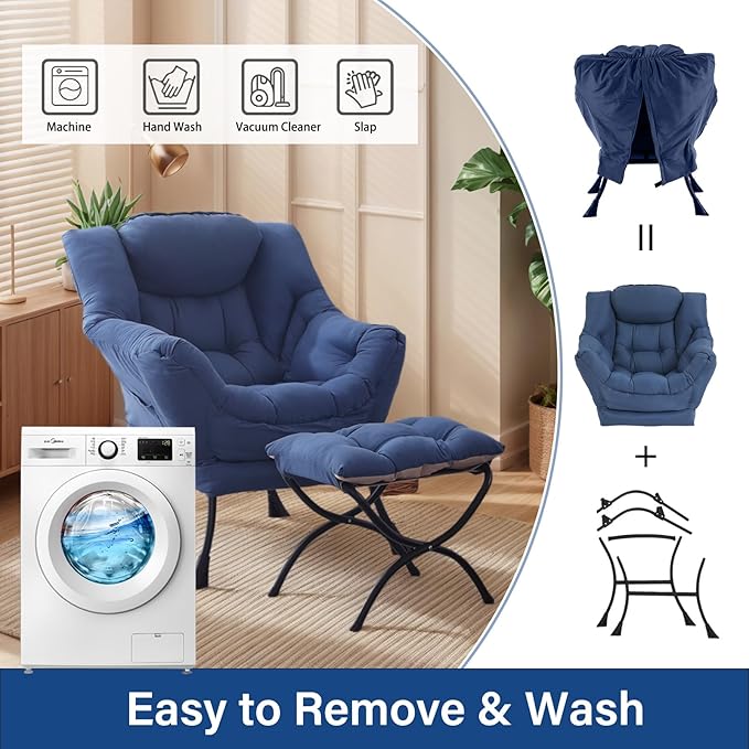 Lazy Chair with Ottoman, Large Royal Blue Accent Chair with Ottoman, Comfy Reading Armchair, Leisure Sofa Chair for Living Room, Bedroom, Dorm Room, Office
