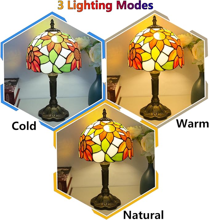 Crefotu Tiffany Style Table Lamp, 3 Color Temperatures Bedside Lamp, 8 Inch Stained Glass Desk Light for Home Office Bedroom Living Room (Sunflower Pattern)