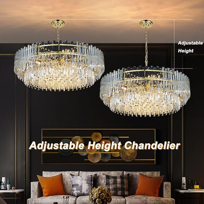 Gold Crystal Chandelier Modern Large Chandeliers Raindrop Lighting Pendant Lights Fixtures Ceiling for Living Room Dining Rooms Entryway Round Hanging D39.37''
