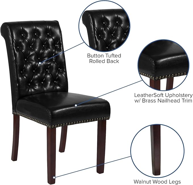 Flash Furniture HERCULES Series Black LeatherSoft Parsons Chair with Rolled Back, Accent Nail Trim and Walnut Finish