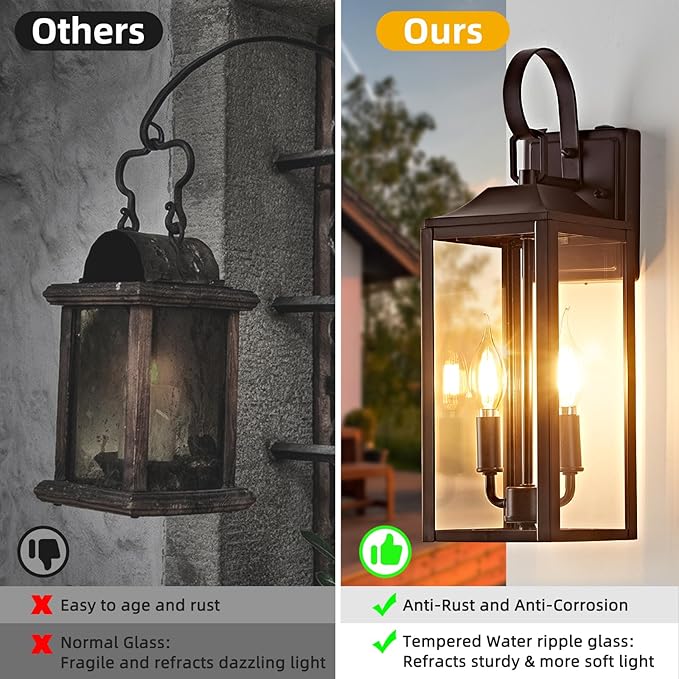 OKELI 17.6" Dusk to Dawn Outdoor Wall Light, Large Exterior Porch Lighting 2-Light Farmhouse Outside Lantern Lights with Clear Glass Waterproof Wall Sconces Lamp for House Garage, Brown