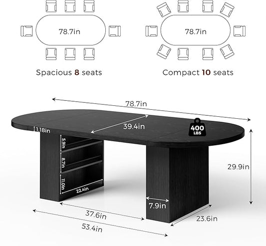 78.7" Dining Table for 6 8 10, Modern Dining Room Table with Storage, Wood Kitchen Table with Heavy Duty Legs, Dinner Tables for Kitchen Dining Room (Black)