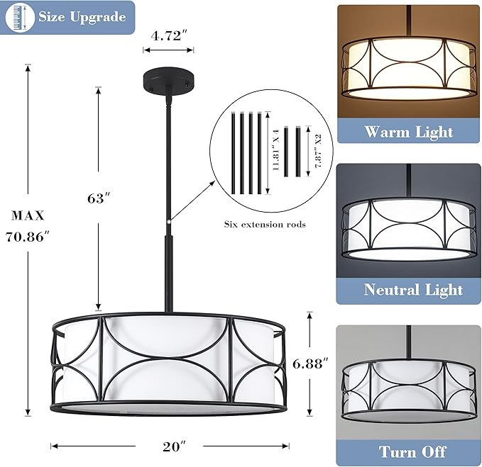 20" Drum Chandelier - Large Black Dining Room Light Fixtures 5-Lights Modern White Fabric Chandelier Farmhouse Drum Pendant Light Fixtures for Kitchen Island Living Room