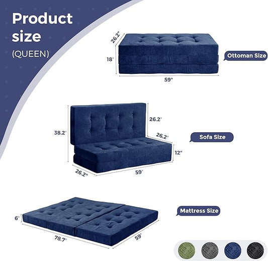 MAXYOYO Tri-Fold Mattress, 6 Inch Tufted Folding Mattress with Chenille Fabric, Portable Queen Size Floor Guest Mat for Adults, Foldable Topper for Camping, Navy