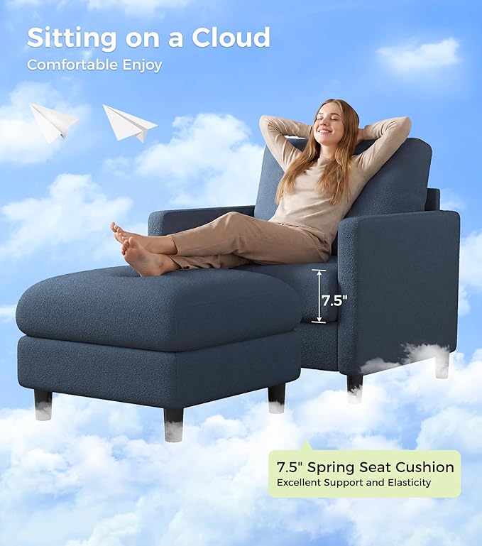 Welzona Sofa Accent Chair with Ottoman, 33" Reading Chair and Ottoman Set for Bedroom, Tool-Free Setup Living Room Accent Chairs, Comfy Arm Chairs Living Room, All-Wood Reading Nook, Blue Grey
