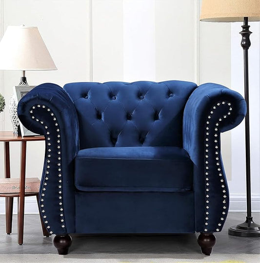 Container Furniture Direct Feinstein Modern Velvet Chesterfield Couches for Living Room with Nailheads, Diamond Tufting & Durable Metal Frame, Chair, Dark Blue