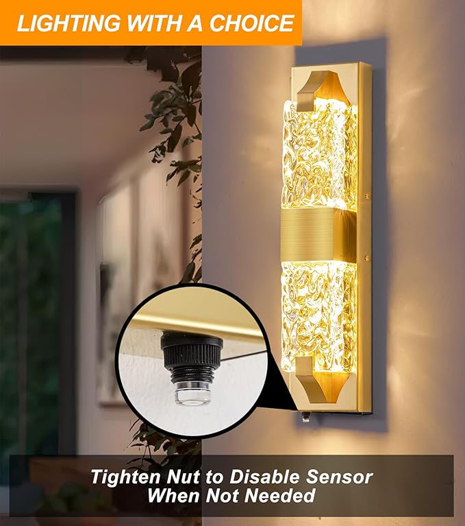 Dusk to Dawn Outdoor Lighting 2Pcs 18.8" Modern Ripple Crystal Porch Lights Outdoor, Waterproof IP65 Hardwired Wall-Mounted Exterior Light for House Entryway, Patio, Doorway (Gold)
