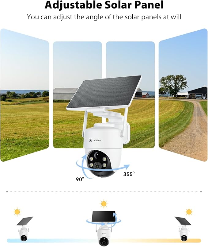 COCOCAM 4K 8MP Security Camera Outdoor Wireless WiFi with 5W Adjustable Solar Panel, 10000mAh Battery, AI Recognition, PIR Human Detection, 355° P 90°T, Two-Way Audio, 2.4GHz WiFi, Cloud, IP66
