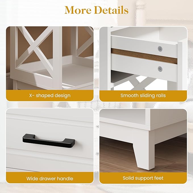 White Nightstand, Tall Side Table with 2 Drawers and Open Shelf, Bedside Table with Solid Feet, Modern Night Stand End Table for Bedroom, Home Office, White