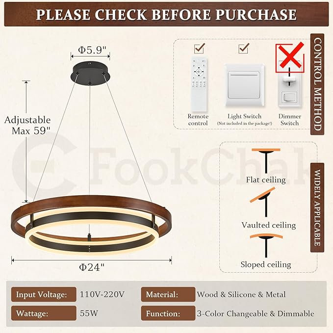 LED Ring Chandelier 24in Solid Walnut Wood Chandeliers Dimmable Black Chandeliers Modern Round Chandelier Light for Living Room Dining Room Kitchen Island Bedroom Entry