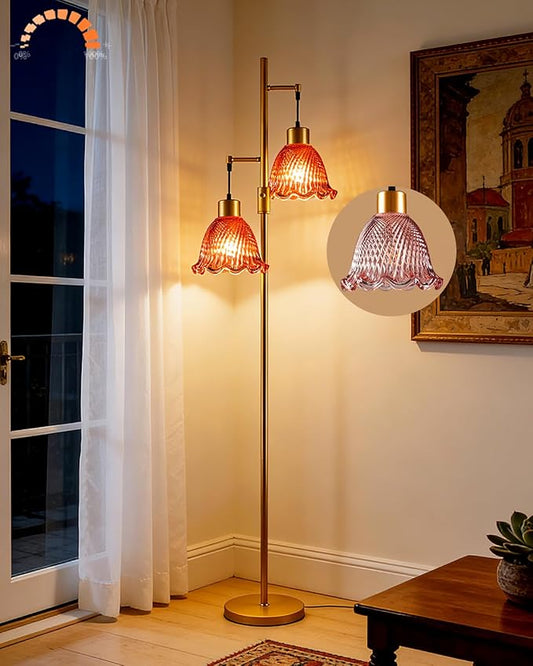 Lightdot 2- Light Gold Flower Floor Lamp for Living Room, 65IN Dimmable Floor Lamps with Rose Red Glass Shade&3000K Warm White Bulbs, Modern Standing Tall Lamp for Bedroom Office