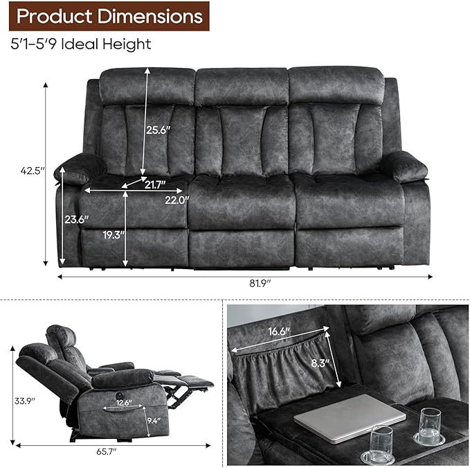 GUEAPY Power Recliner Sofa and Loveseat Set, 2 Piece Reclining Couch Set for Living Room, Office or Home Theater, Electric Reclining Sofa Set with Padded Seats and Cup Holders (Grey, Loveseat + Sofa)