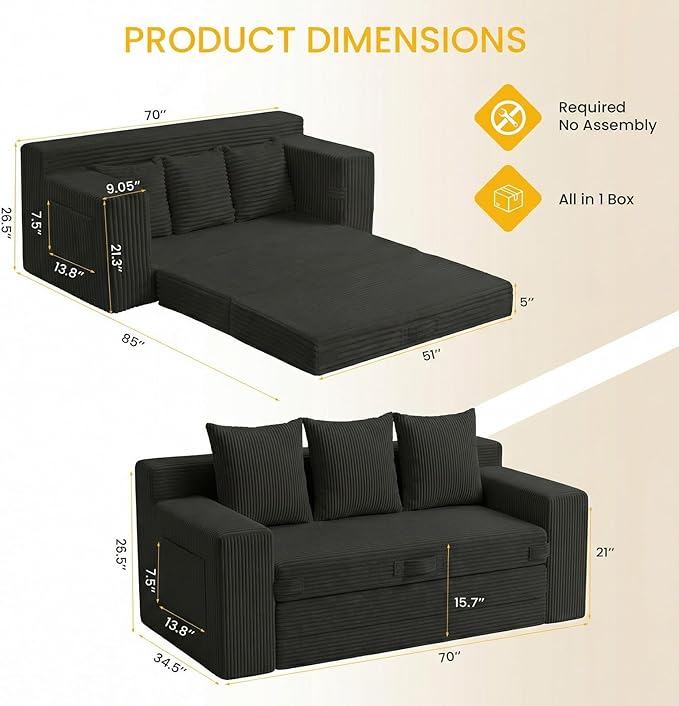 Boneless Couch,3 Seater Boneless Couch Bed – 3-in-1 Convertible Sleeper Sofa with Side Pockets & Handle,Pull Out Corduroy Futon for Small Space,Living Room & Bedroom,3 Pillows Included,No Assembly