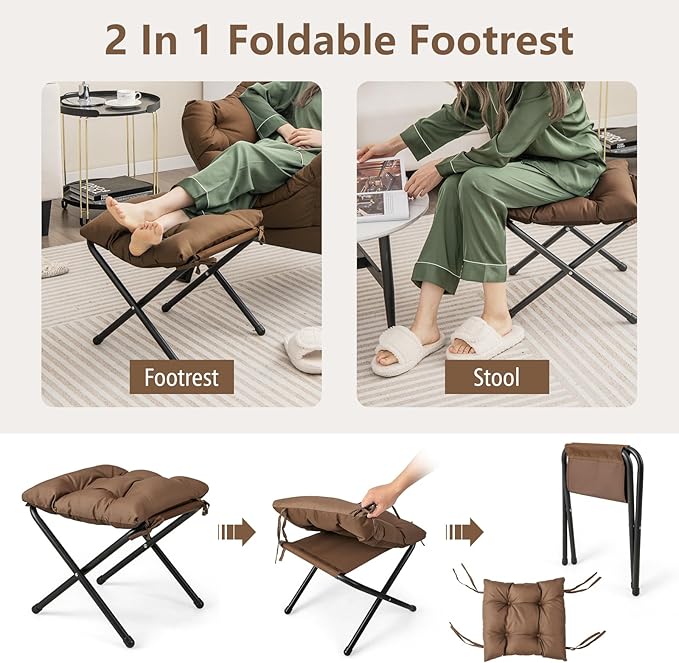 GORELAX Lazy Chair with Ottoman, Modern Accent Chair w/Armrests & Side Pocket, Upholstered Lounge Sofa Chair & Folding Footstool Set, Reading Chair for Bedroom, Living Room, Dorm Room (Brown)