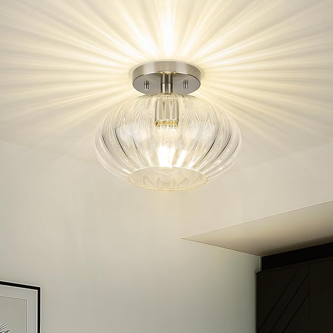 FEMILA 10.3" Brushed Nickel Ceiling Lights, Pumpkin-Shaped Glass Ceiling Light for Living Room, Bedroom, Kitchen, 4FYD85F BN