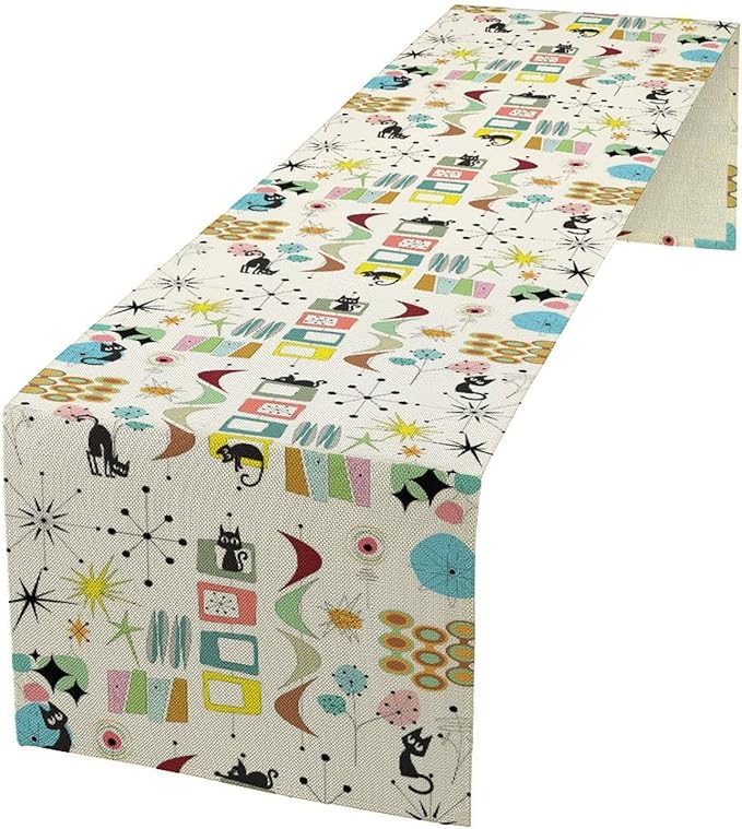 Mid Century Table Runner Modern Black Cat Colorful Geometric Atomic Star for Kitchen Dining Room Dining Table Decoration 13x120in