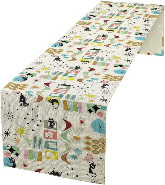 Mid Century Table Runner Modern Black Cat Colorful Geometric Atomic Star for Kitchen Dining Room Dining Table Decoration 13x90in