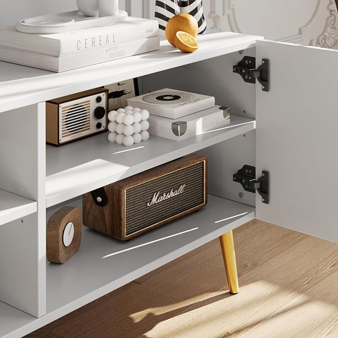 Modern 86in TV Stand for Living Room, Fluted Design Entertainment Center with Adjustable Shelves,Media TV Console Table with Storage for Bedroom,White