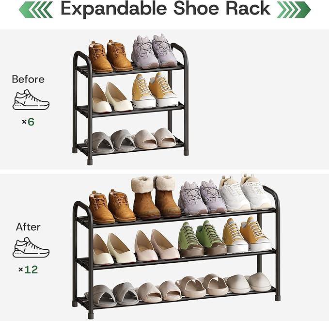 Shoe Rack for Closet, 3-Tier Expandable Closet Shoe Rack Metal Organizer, Heavy Duty Black Shoe Storage Shelf for Entryway, Doorway, Narrow Space