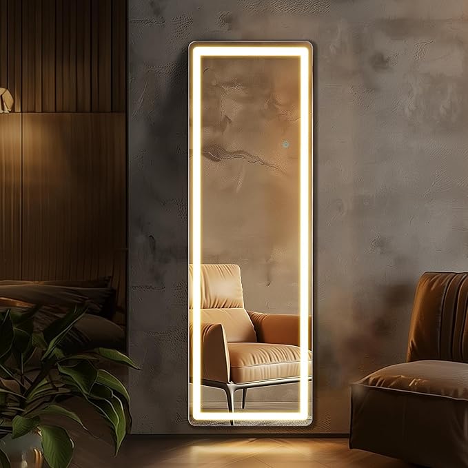 Alpen 64"x21" Full Length Mirror with LED Lights, Lighted Full Body Mirrors, Aluminum Frame Mirror with Dimming & 3 Color Lighting, Hanging Mounted Mirrors for Bedroom Dressing Room Cloakroom