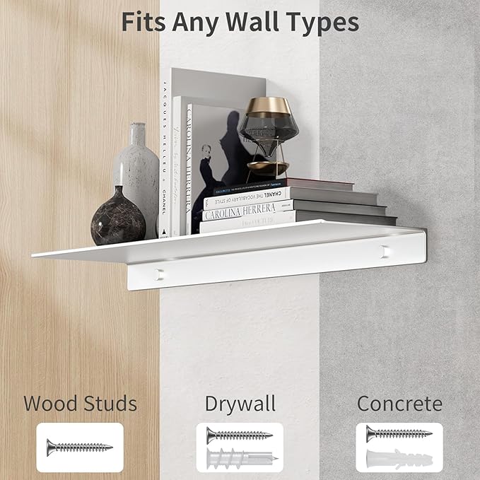 Danpoo Adhesive Floating Shelf for Wall Storage, Metal Wall Shelf for Bathroom/Living Room/Kitchen/Bedroom, 20" Long Display Shelf for Collectibles, Silver