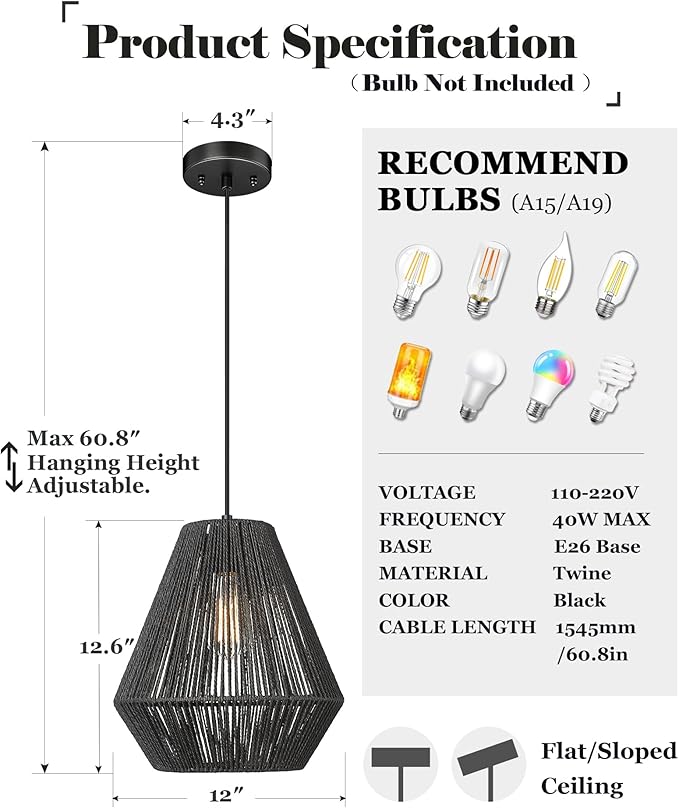 ELYONA Modern Woven Pendant Light Fixtures 12" Farmhouse Coastal Hanging Lamp Matte Black Handwoven Rattan Basket Shade Boho Pendant Light for Kitchen Island Dining Room Bar Bedroom Foyer Hallway
