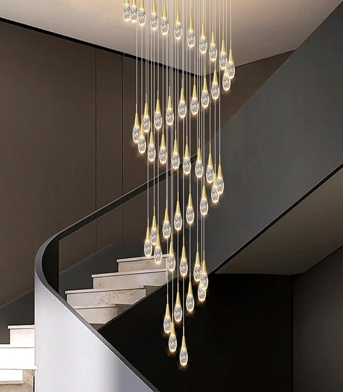 46-Lights 19 Feet Large Modern Chandelier LED Light Fixtures High Ceiling Long Light Chandelier for Entrance Foyer Dimmable Lights with Remote Living Room Ceiling Pendant Lighting Shine Gold