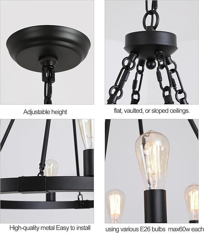 AMZASA Farmhouse 8-Lights Black Industrial Wagon Wheel Chandelier Light Fixture for Foyer Dining Room Kitchen Living Room Entryway Dia27 Inches UL Listed