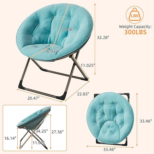 Comfy Oversized Saucer Chair, Soft Furry Padded Accent Lazy Sofa Chair for Adults, X-Large Metal Frame Folding Lounger for Bedroom, Living Room, Home Office, Blue+Gold