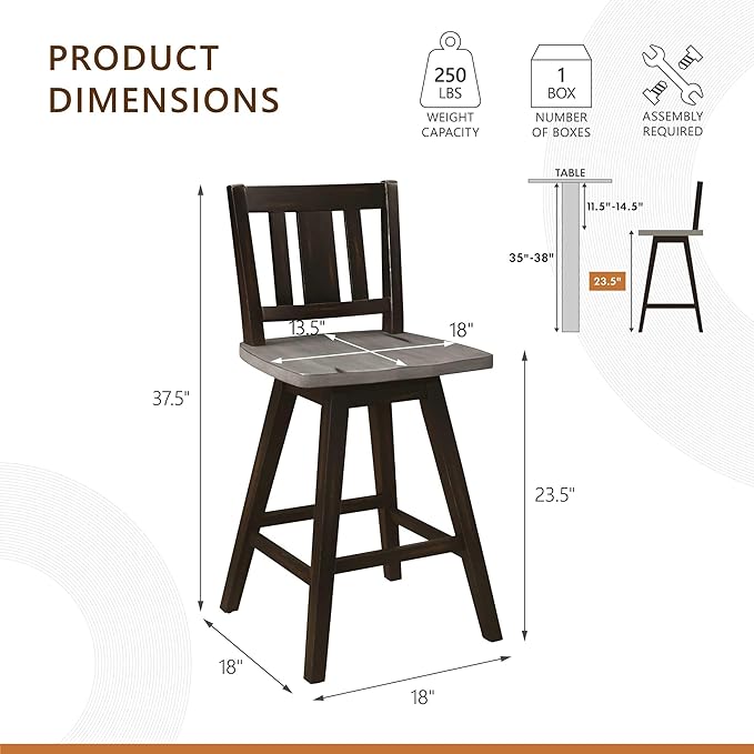 Lexicon Counter Height Stools Set of 2-Solid Wood Frame 360° Swivel Wooden Stools, Foot Rest, Slat Back, Wide Seat, Distressed Farmhouse Easy to Clean Finish, 24" SH, Antique Black/Grey