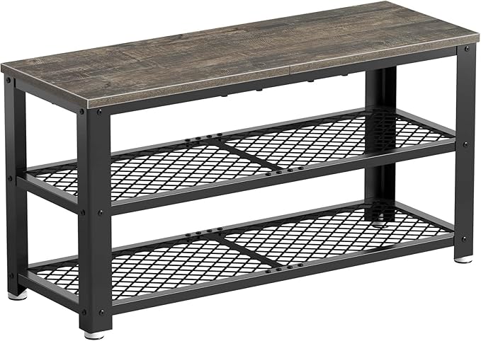 Rolanstar Shoe Bench, 3-Tier Shoe Rack, 28.7” Storage Entry Bench with Mesh Shelves Wood Seat, Rustic Foyer Bench for Hallway Front Door, Doorway, Living Room, Mudroom, Steel Frame, Gray