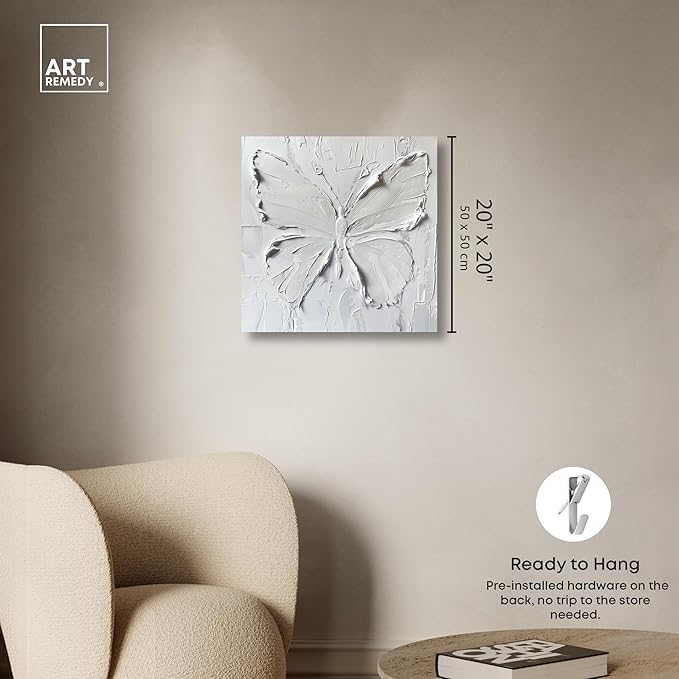 Art Remedy White Butterfly Canvas Elegant White Gold Wall Art, Gallery Wrapped, 20" x 20"